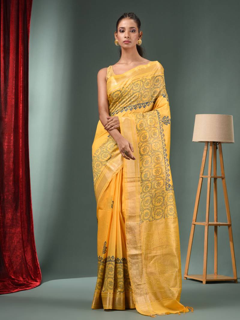Yellow Blended Silk Handwoven Saree With Woven Zari Border